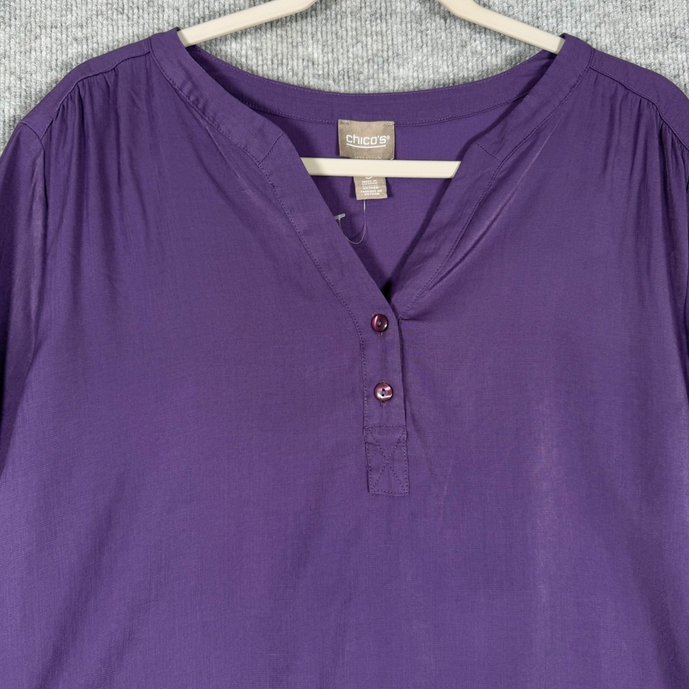 Chico's Size-3 (XL) Top Purple Henley Blouse Roll Tab Sleeve Layered Hem - Picture 5 of 10